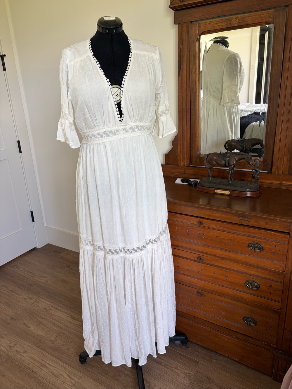 Baltic Born White V-Neck Maxi Dress with Lace Accents